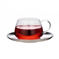 Elegant glass tea cup and stainless steel saucer set